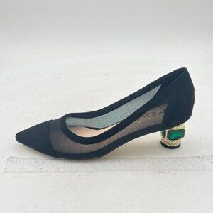 FSJ Black Mesh Heels with Gold and Green Accent
